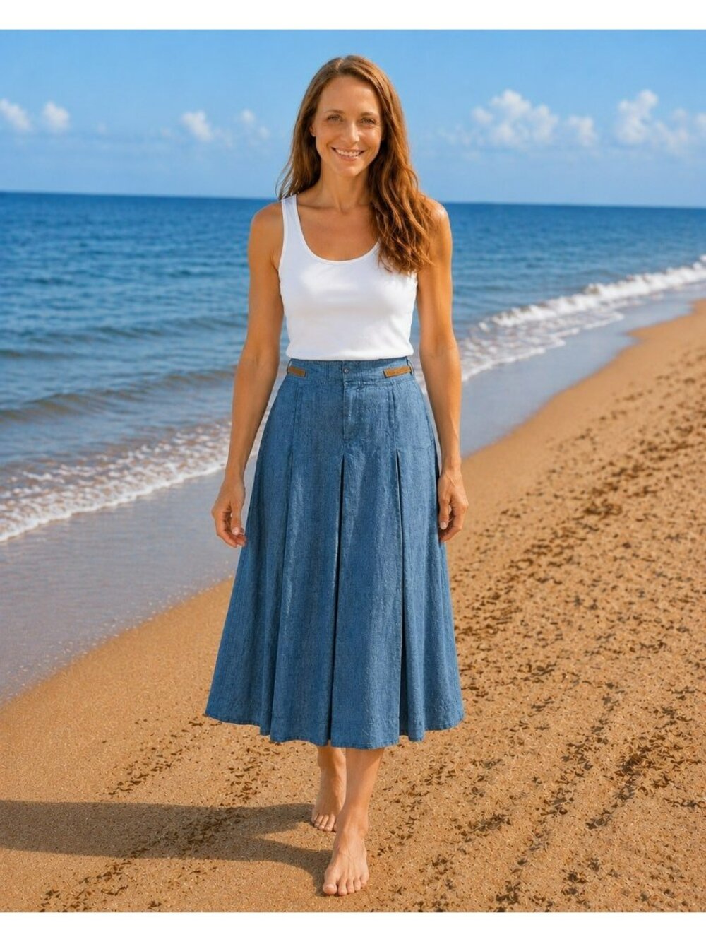 Ralph Lauren RL-CS1W Blue Denim Skirt With Brown Trim Button-Up Front Pleated